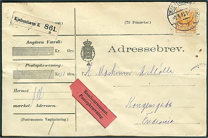 35 øre Fr. VIII single på adressebrev for pakke med opkrævning fra Kjøbenhavn d. 2.4.1913 til Fredericia.