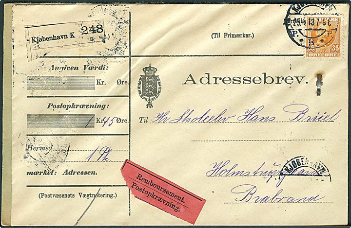 35 øre Fr. VIII single på adressebrev for pakke med opkrævning fra Kjøbenhavn d. 25.x.1913 til Brabrand.