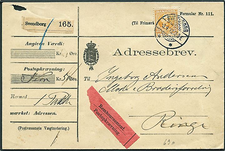 35 øre Fr. VIII single på adressebrev for pakke med opkrævning fra Svendborg d. 3.4.1913 til Ringe.