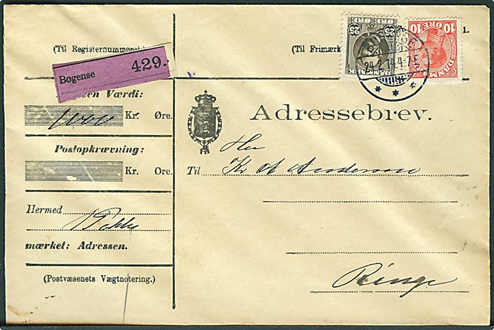 10 øre Chr. X og 25 øre Fr. VIII på adressebrev for værdipakke fra Bogense d. 24.2.1914 til Ringe.