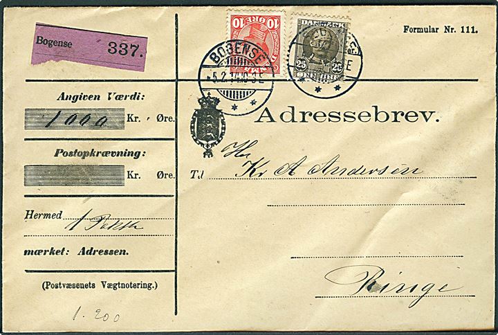 10 øre Chr. X og 25 øre Fr. VIII på adressebrev for værdipakke fra Bogense d. 5.2.1914 til Ringe.