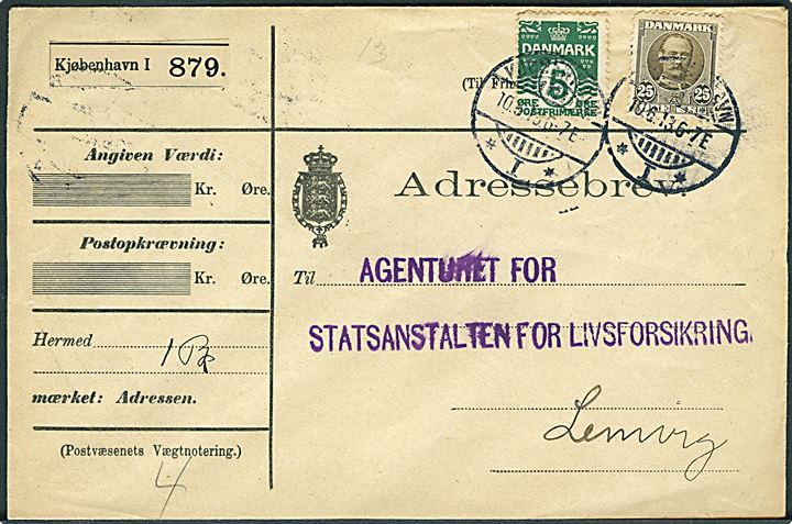 5 øre Bølgelinie og 25 øre Fr. VIII på adressebrev for pakke fra Kjøbenhavn d. 10.6.1913 til Lemvig.