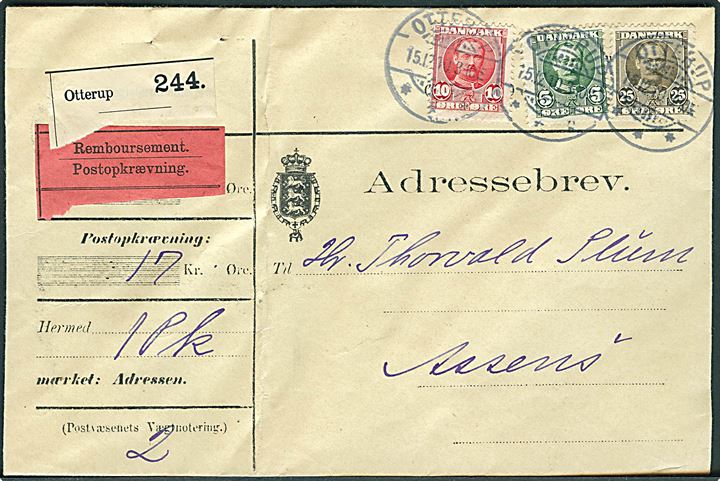 5 øre, 10 øre og 25 øre Fr. VIII på adressebrev for pakke med opkrævning fra Otterup d. 15.12.1910 til Assens. Lodret fold.