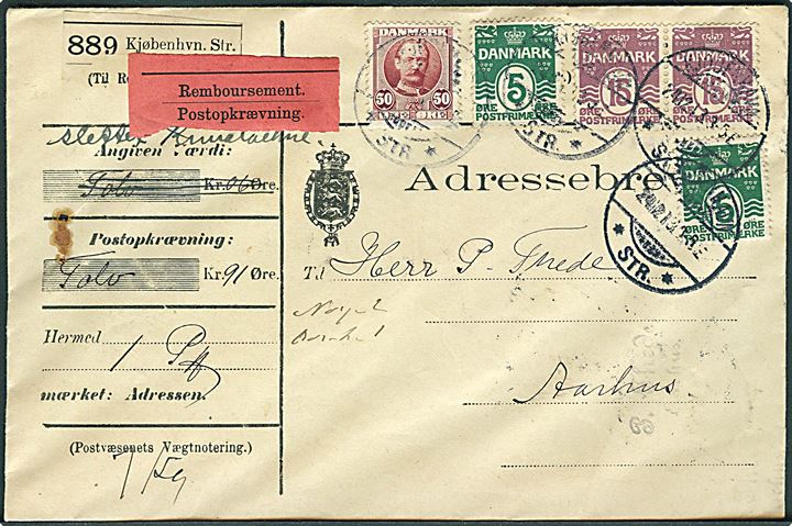 5 øre (2), 15 øre (2) Bølgelinie og 50 øre Fr. VIII på adressebrev for pakke med opkrævning fra Kjøbenhavn d. 24.12.1913 til Aarhus.