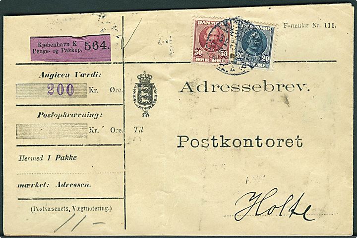 20 øre og 50 øre Fr. VIII på adressebrev for værdipakke fra Kjøbenhavn d. 5.9.1910 til Holte. Fold.