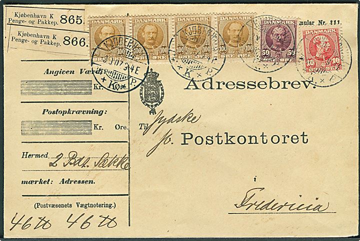 10 øre Chr. IX, 50 øre og 100 øre (vandret 4-stribe) Fr. VIII på adressebrev for 2 pakker fra Kjøbenhavn d. 3.9.1907 til Fredericia.
