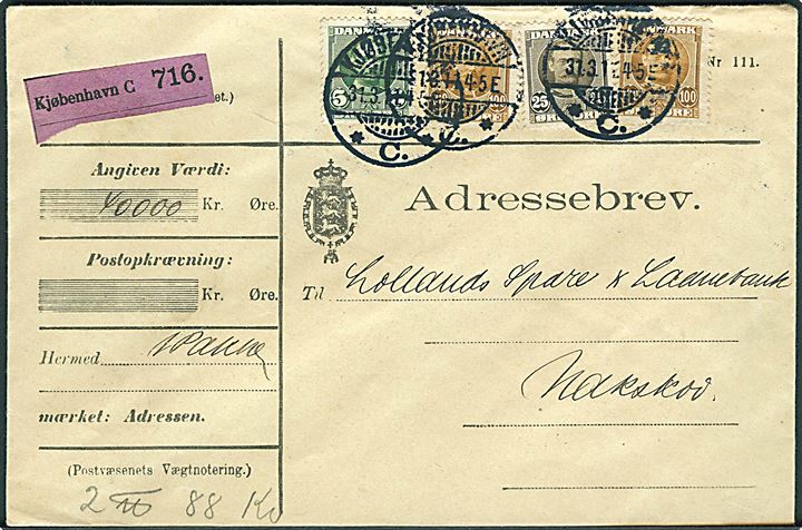 5 øre, 25 øre og 100 øre (2) Fr. VIII på adressebrev for værdipakke fra Kjøbenhavn d. 31.3.1911 til Nakskov.