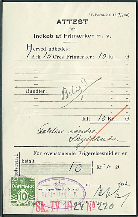 10 øre Bølgelinie annulleret med kontorstempel (krone) Nykjøbing p.F. Postkontor på Attest for indkøb af Frimærker m.v. F. Form. Nr. 43 (1/4 23). 