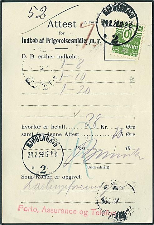 10 øre Bølgelinie stemplet Kjøbenhavn 2 d. 24.2.1922 på Attest for Indkøb af Frigørelsesmidler m.v. 