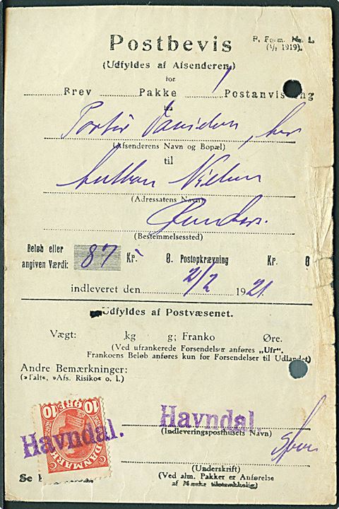 10 øre Chr. X annulleret med liniestempel Havndal på Postbevis F. Form. Nr. 1 (1/7 1919) for afsendelse af postanvisning d. 2.2.1919 til Randers. 2 arkiv huller.