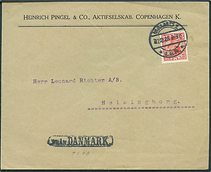20 øre Chr. X på brev fra København annulleret med svensk stempel i Malmö 1 d. 22.12.1926 og sidestemplet Från Danmark til Helsingborg, Sverige.