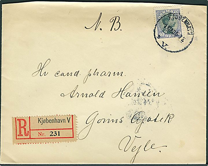 40 øre Chr. X single på anbefalet brev fra Kjøbenhavn d. 1.10.1920 til Vejle.