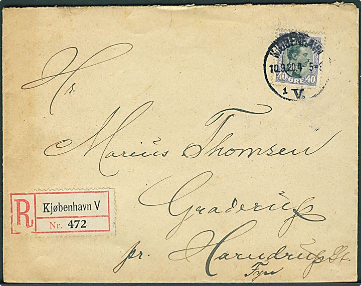 40 øre Chr. X single på anbefalet brev fra Kjøbenhavn d. 10.9.1920 til Harndrup.