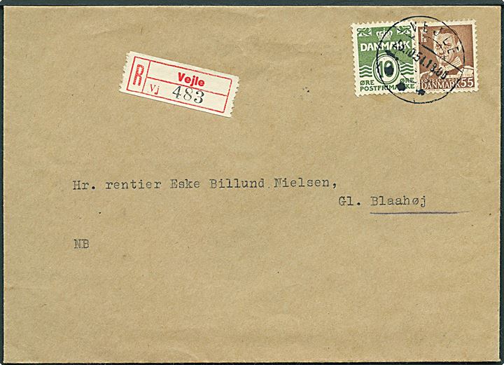 10 øre Bølgelinie og 55 øre Fr. IX på anbefalet brev fra Vejle d. 26.10.1951 til Gl. Blåhøj.