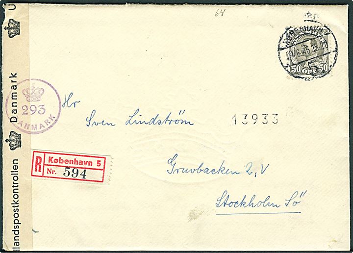 50 øre Chr. X single på anbefalet brev fra København d. 20.6.1945 til Stockholm, Sverige. Åbnet af dansk efterkrigscensur (krone)/293/Danmark.