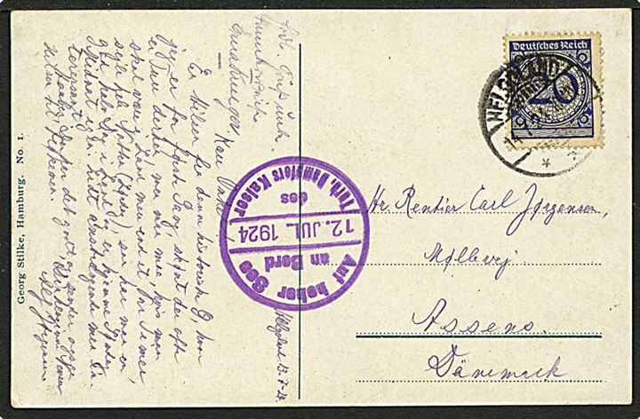 20 pf mørkeblå på skibsbrev fra Helgoland, Tyskland, d. 11.7.1924 til Assens. Auf hoher See skibsstempel. 