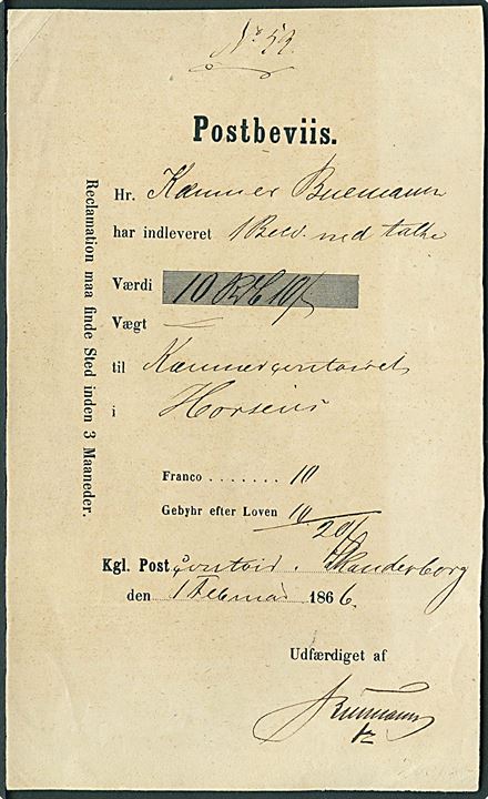 Postbeviis for værdibrev med 10 rdl 10 sk. fra Skanderborg Postkontor d. 1.2.1866 til Horsens.