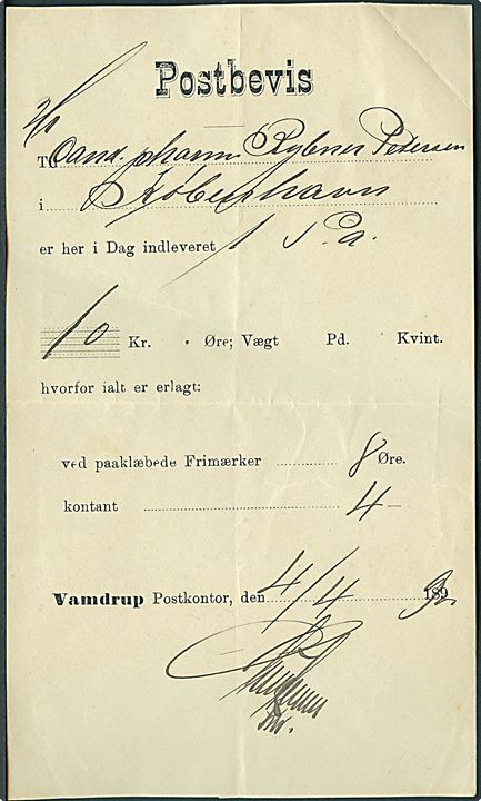 Fortrykt Postbevis fra Vamdrup Postkontor d. 4.4.1900 for afsendelse af postanvisning til Kjøbenhavn.