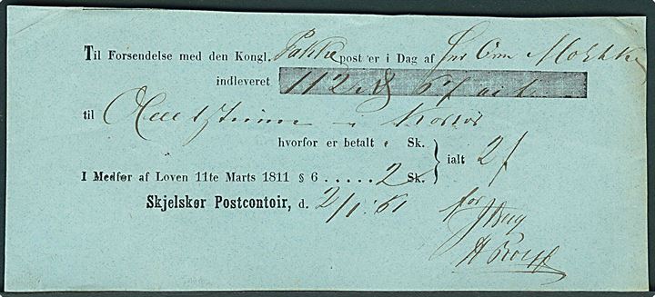 Fortrykt kvittering fra Skjelskør Postkontor d. 2.1.1861 for afsendelse af en værdipakke med den Kongl. Pakkepost til Korsør.