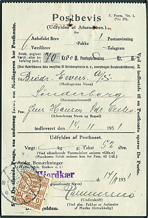 10 øre Gebyrmærke på Postbevis F. Form Nr. 1 (1/11 29) for afsendelse af postanvisning fra Hjordkær d. 14.11.1931 til Sønderborg.