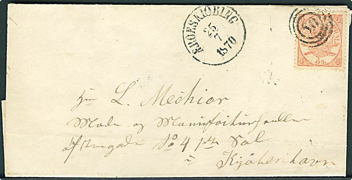 4 sk. Krone/Scepter på brev annulleret med nr.stempel 80 og sidestemplet antiqua Ærøeskiøbing d. 25.7.1870 via Svendborg til Kjøbenhavn.