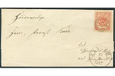 4 sk. Krone/Scepter på landpostbrev (påskrevet Betalt under mærket) annulleret med nr.stempel 53 og sidestemplet antiqua Randers d. 10.9.1867 til Gjerrild Præstegaard pr. Grenaa.