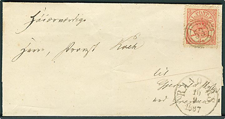 4 sk. Krone/Scepter på landpostbrev (påskrevet Betalt under mærket) annulleret med nr.stempel 53 og sidestemplet antiqua Randers d. 10.9.1867 til Gjerrild Præstegaard pr. Grenaa.