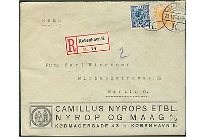 30 øre og 40 øre Chr. X med perfin N.& M. på fortrykt firmakuvert fra Nyrop og Maag A/S sendt anbefalet fra København d. 23.1.1925 til Berlin, Tyskland.