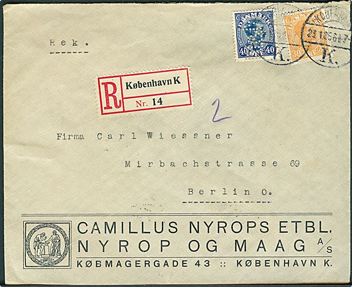 30 øre og 40 øre Chr. X med perfin N.& M. på fortrykt firmakuvert fra Nyrop og Maag A/S sendt anbefalet fra København d. 23.1.1925 til Berlin, Tyskland.