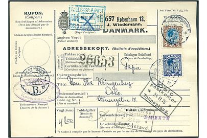30 øre og 1 kr. Chr. X med perfin J.W. på internationalt adressekort for pakke fra firma J. Wiedemann i København d. 23.2.1926 til Oslo, Norge.