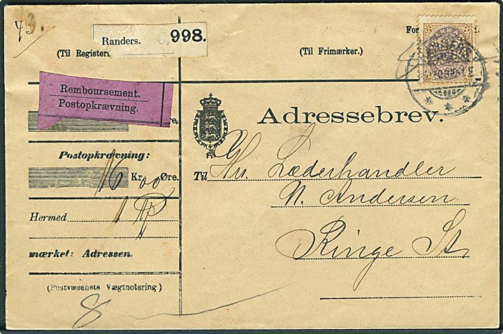 50 øre Tofarvet 9. tryk med perfin C.J. (Firma Chr. Juncher A/S) single på adressebrev for pakke med opkrævning fra Randers d. 15.12.1903 til Ringe.