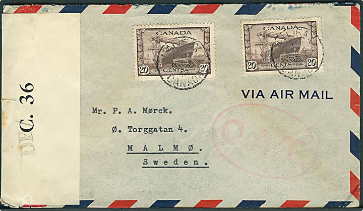 Canadisk 20 cents (2) på luftpostbrev fra Halifax d. 6.11.1942 til Malmö, Sverige. Rødt ovalt O.A.T. stempel fra London. Åbnet af canadisk censur med banderole C.36 tiltrykt DB/.