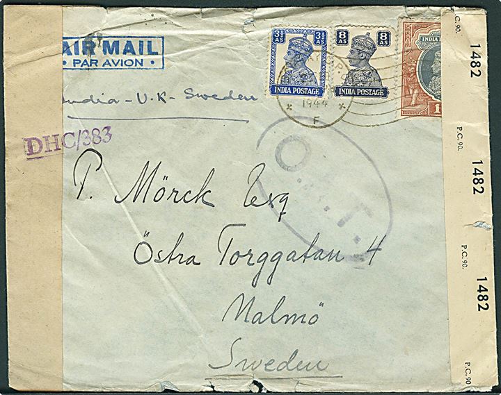 3½ As., 8 As. og 1 R. George VI på luftpostbrev fra Bombay 1944 til Malmö, Sverige. Påskrevet: India-U.K.-Sweden. Sort ovalt O.A.T. stempel fra London. Dobbelt censureret med både indisk censur DHC/383 og britisk PC90/1482. Slidt kuvert med folder i toppen.