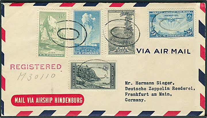 Blandingsfrankeret anbefalet luftpostbrev fra New York d. 3.7.1936 til Frankfurt, Tyskland. Rød etiket: Mail via Airship Hindenburg.