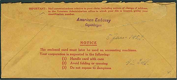 10 øre Bølgelinie og 55 øre Fr. IX på anbefalet rudekuvert fra den amerikanske ambassade i København d. 4.1.1952