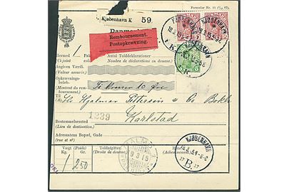 5 øre og 50 øre (par) Chr. X med perfin G.B. (Gyldendalske Boghandel) på internationalt adressekort for pakke med opkrævning fra Kjøbenhavn d. 18.3.1915 via Malmö til Karlstad, Sverige. Rift i toppen.