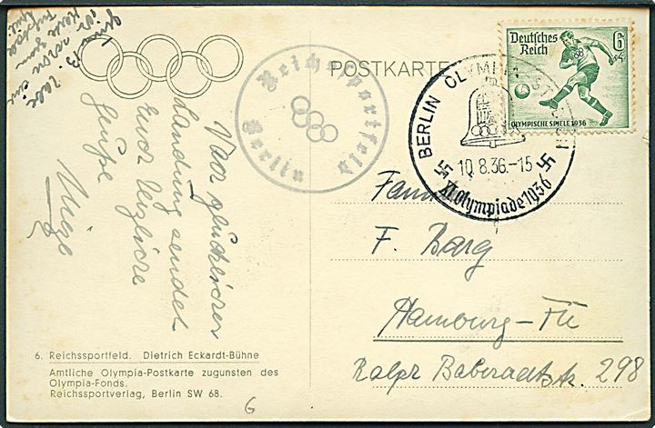 6+4 pfg. Olympiade udg. på brevkort (Reichsportfeld) annulleret med særstempel Berlin Olympia-Stadion XI Olympiade 1936 d. 10.8.1936 til Hamburg.