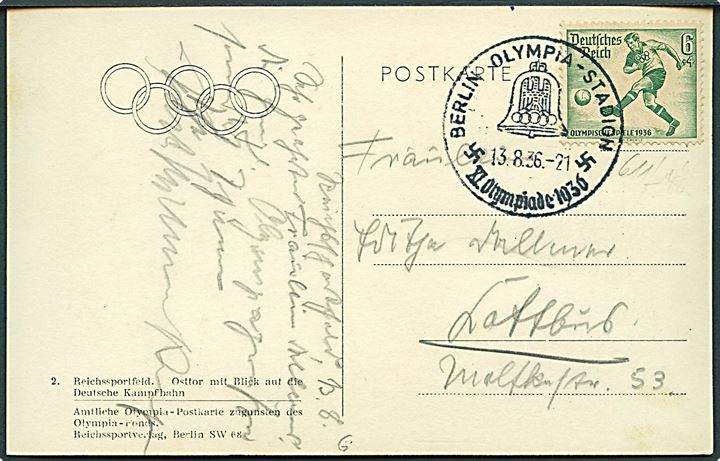 6+4 pfg. Olympiade udg. på brevkort (Reichssportfeld) annulleret med olympiade stempel Berlin Olympia-Stadion XI Olympiade 1936 d. 13.8.1936 til Cottbus.