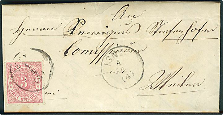 3 kr. stukken kant single på brev fra Isny d. 4.4.1874 til ?.