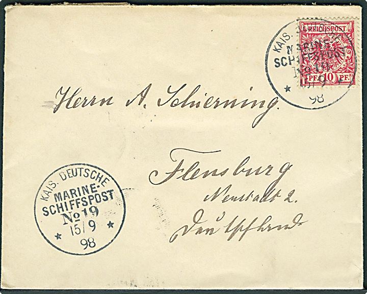 10 pfg. Adler på brev fra SMS Storch annulleret med marinepoststempel Kais. Deutsche Marineschiffspost No. 19 d. 15.9.1898 til Flensburg.