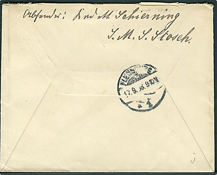 10 pfg. Adler på brev fra SMS Storch annulleret med marinepoststempel Kais. Deutsche Marineschiffspost No. 19 d. 15.9.1898 til Flensburg.
