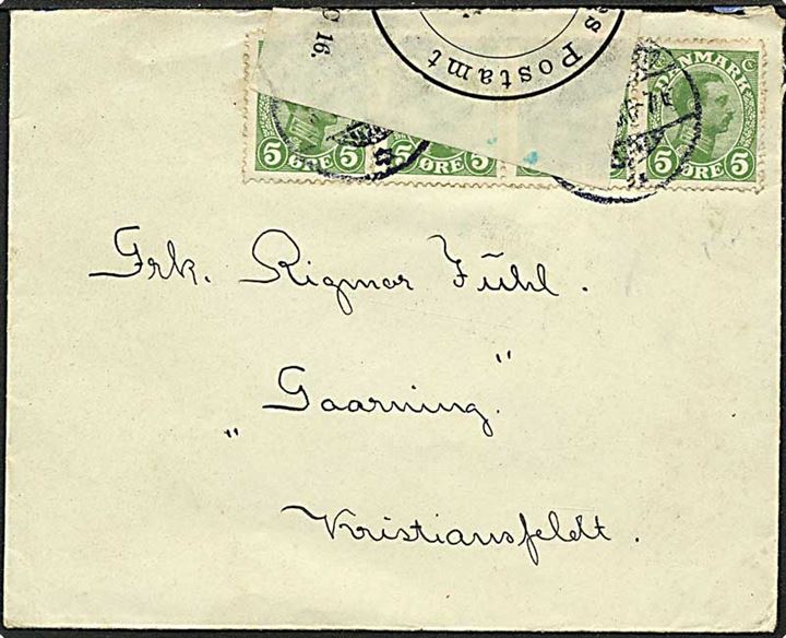 5 øre grøn Chr. X på brev til Christianfeld. Tysk censur.
