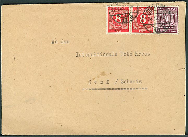 Sachsen 60 pfg. lokal udg. og 8 prg. Allieret Besættelse i parstykke på brev fra Chemnitz d. 27.4.1946 til Int. Røde Kors i Geneve, Schweiz.