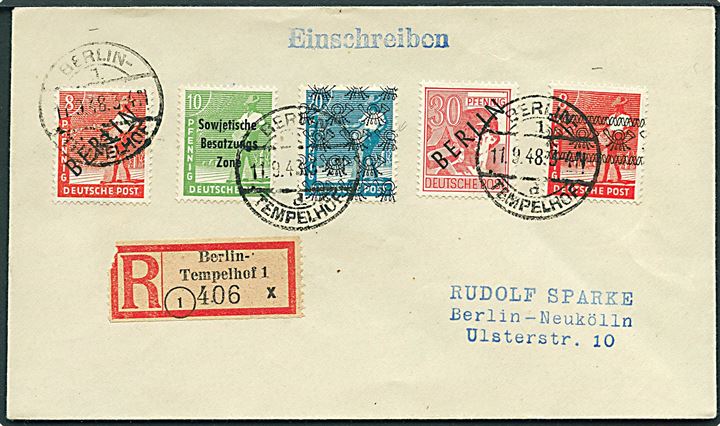 Blandingsfrankeret filatelistisk anbefalet lokalbrev fra Berlin-Tempelhof d. 11.9.1948 til Berlin-Neukölln.