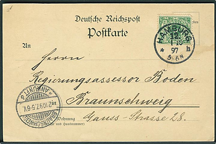 5 pfg. Ciffer på brevkort fra Hamburg d. 1.10.1897 til Braunschweig. possitionsmeddelelse fra Deutsche Dampfschiffs-Rhederei som oplyser at S/S Gerda er afgået fra Hongkong.