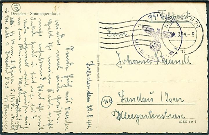 Ufrankeret feltpostkort fra Dresden d. 21.8.1944 til Landau. Briefstempel: Waffen-SS / 5. SS-Pi. Aus. u. Ers. Btl. 1.