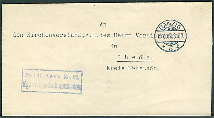Ufrankeret tjenestebrev fra Kgl. Pr. Spezialkommission stemplet Danzig d. 14.6.1909 til Rheda.