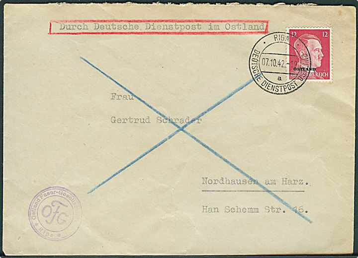 12 pfg. Ostland provisorium på brev stemplet Riga Deutsches Dienstpost Ostland d. 7.10.1942 til Nordhausen, Tyskland.