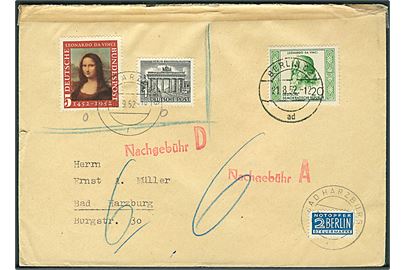 DDR, Berlin og Vesttyskland udg. på blandingsfrankeret brev fra Berlin d. 21.8.1952 til Bad Harzburg. Udtakseret i porto.