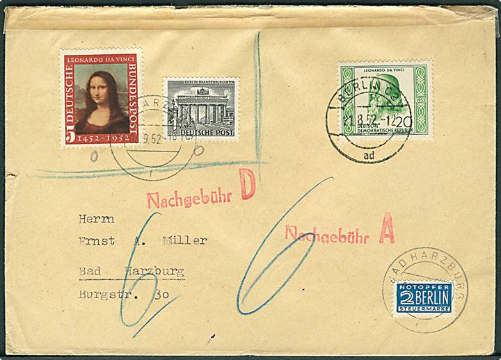 DDR, Berlin og Vesttyskland udg. på blandingsfrankeret brev fra Berlin d. 21.8.1952 til Bad Harzburg. Udtakseret i porto.